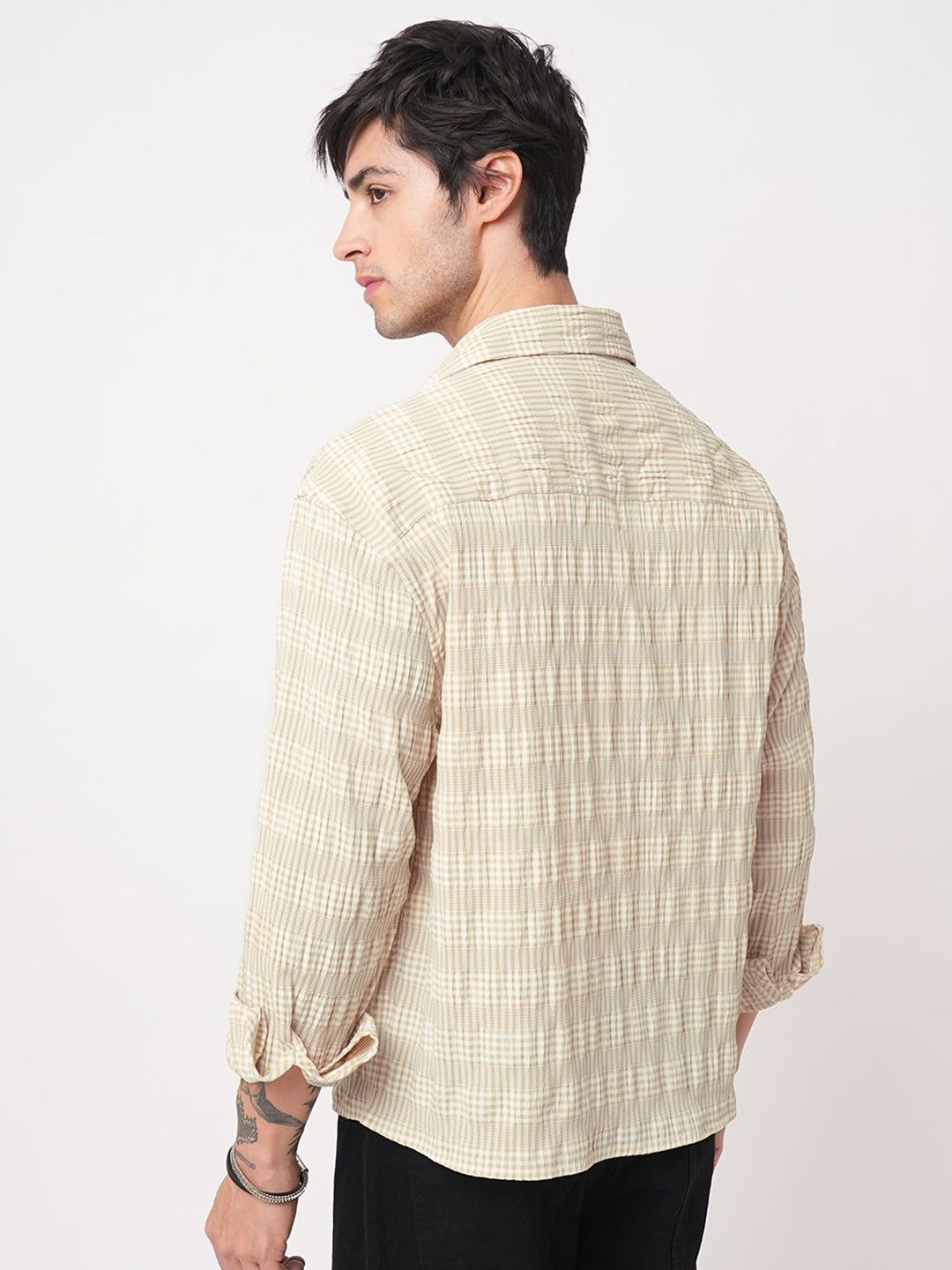 VASTRADO Classic Oversized Checked Seersucker Weave Cotton Casual Shirt