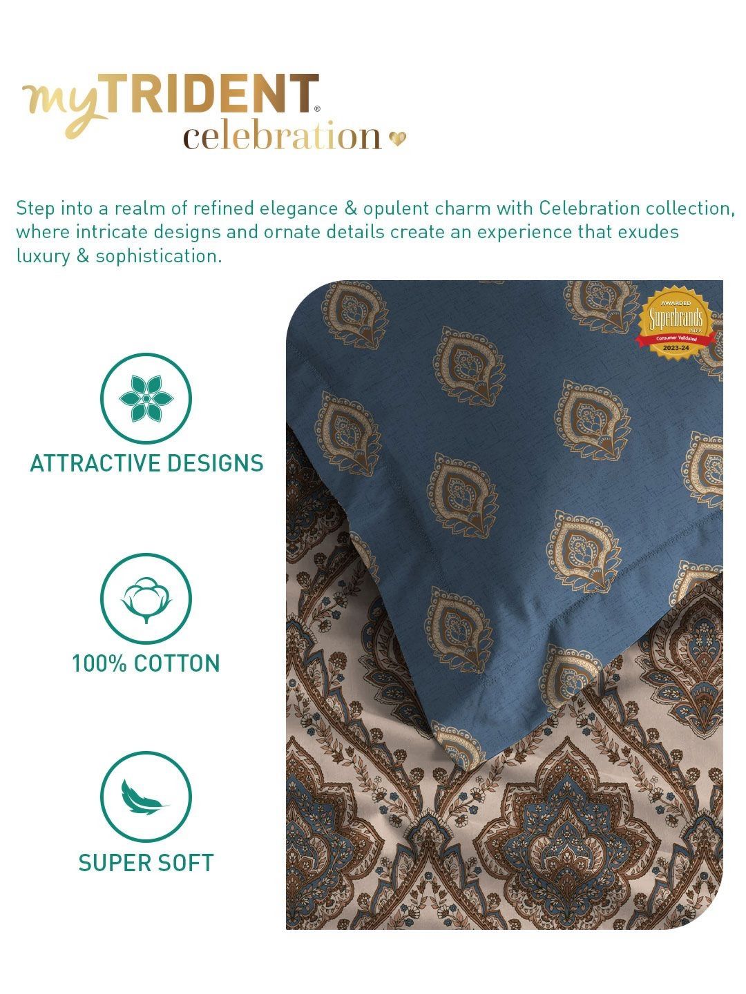 MYTRIDENT Noor Beige Celebration Flat 144TC Queen Pure Cotton 1 Bedsheet with 2 Pillow Covers