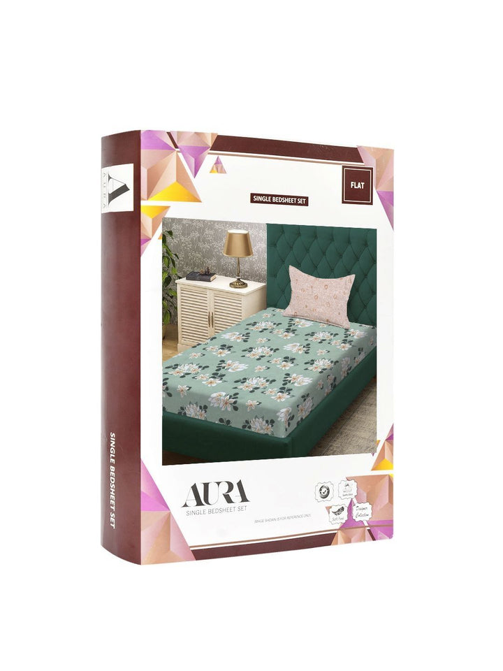 Aura Green & White Floral 300 TC Single Bedsheet Set-2.25 X 1.50 m