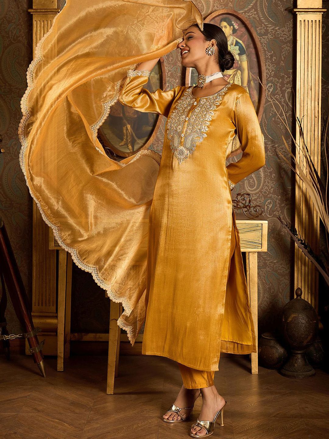 Indo Era Floral Embroidered Round Neck Regular Liva Kurta With Trouser With Dupatta