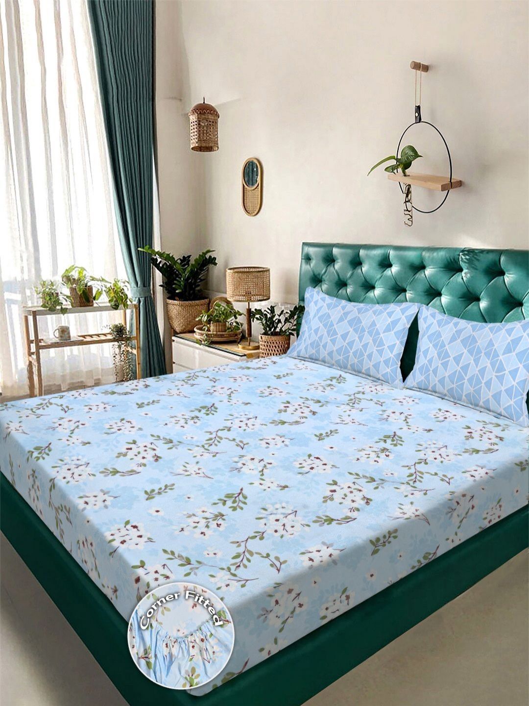 Aura Blue & Green Floral Printed 300 TC Fitted Double King Bedsheet Set-2.5 m X 2.25 m