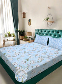 Aura Blue & Green Floral Printed 300 TC Fitted Double King Bedsheet Set-2.5 m X 2.25 m