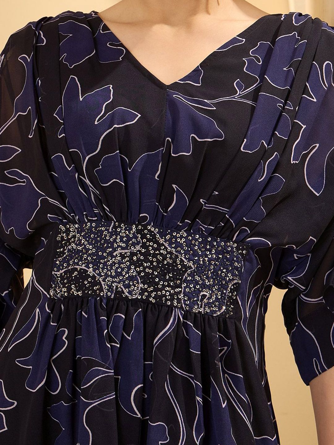 Antheaa Floral Printed Embellished Kimono Sleeve Chiffon Kaftan Top