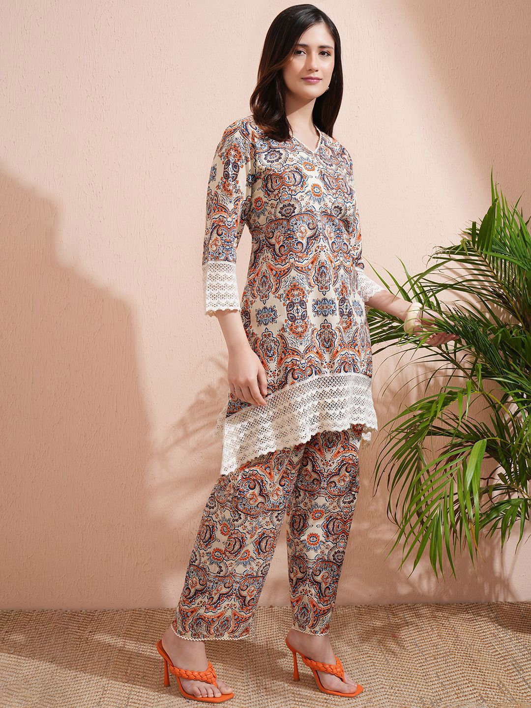 Vishudh Yellow Printed V-Neck Three-Quarter Sleeves Pure Cotton Top With Trouser