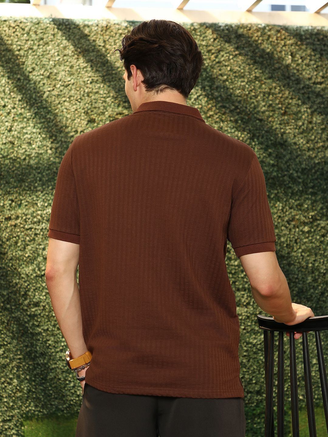 Campus Sutra Men Self Design Polo Collar Cotton T-shirt