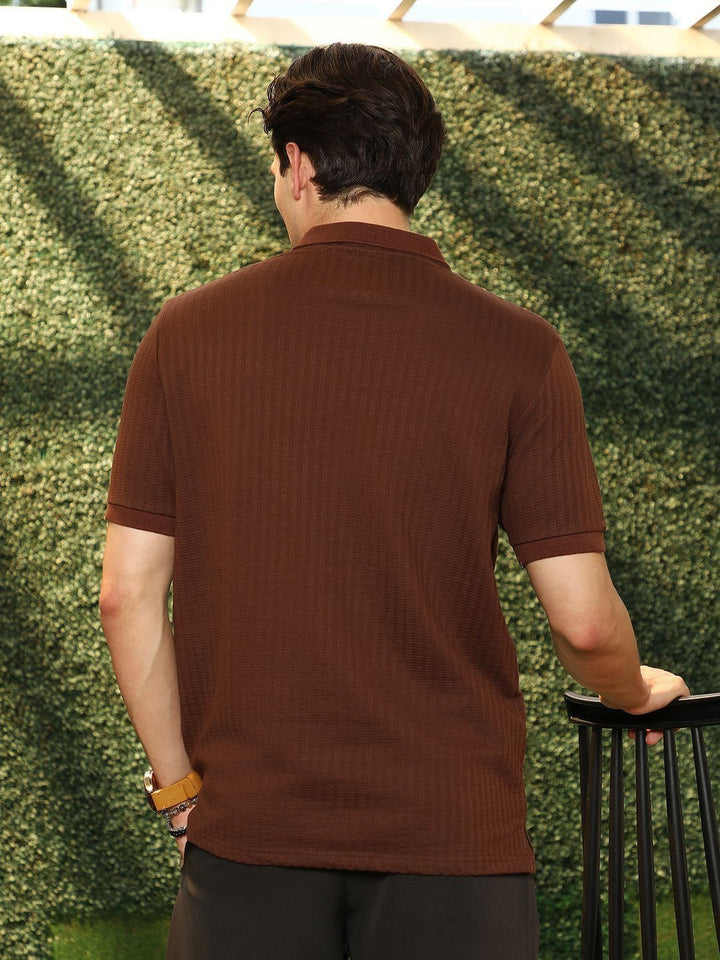 Campus Sutra Men Self Design Polo Collar Cotton T-shirt