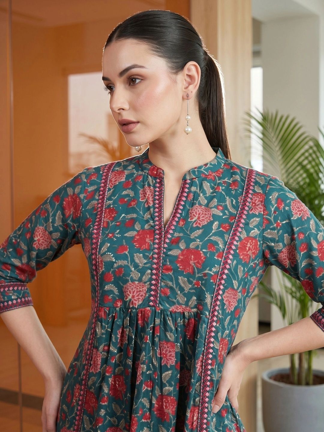 Mamicha Floral Print Mandarin Collar Cotton Peplum Top