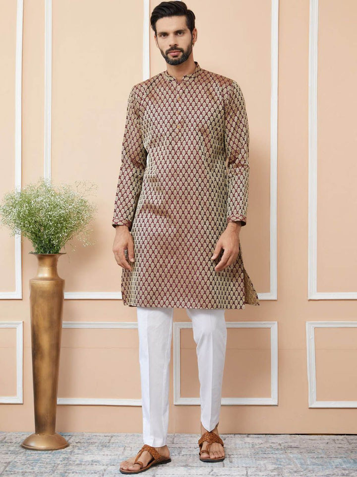 See Designs Ethnic Motifs Woven Design Mandarin Collar Straight Kurta With Pyjamas