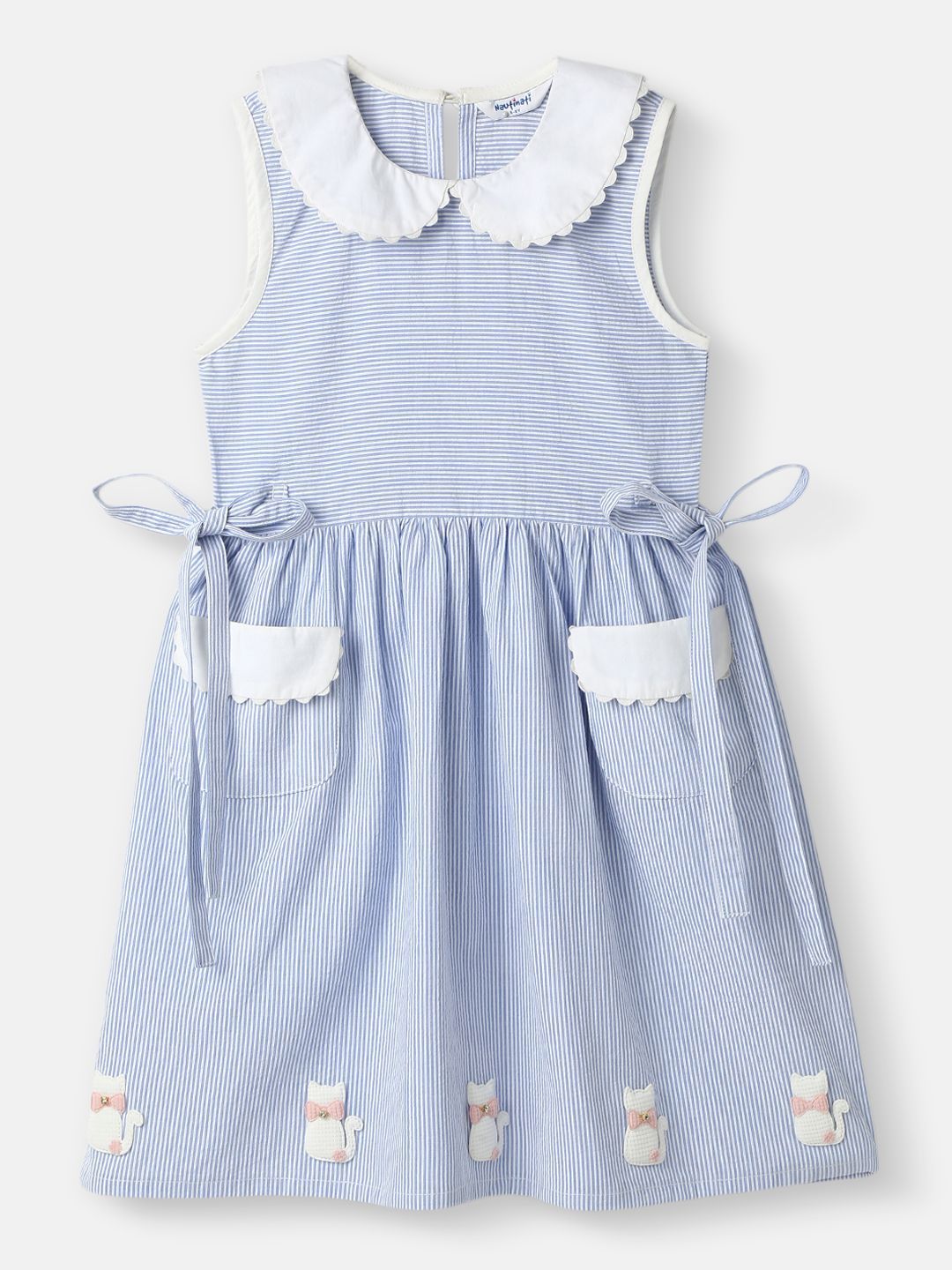 Nauti Nati Girl Cotton Peter Pan Collar Dress with Front Pockets and Cat Patches