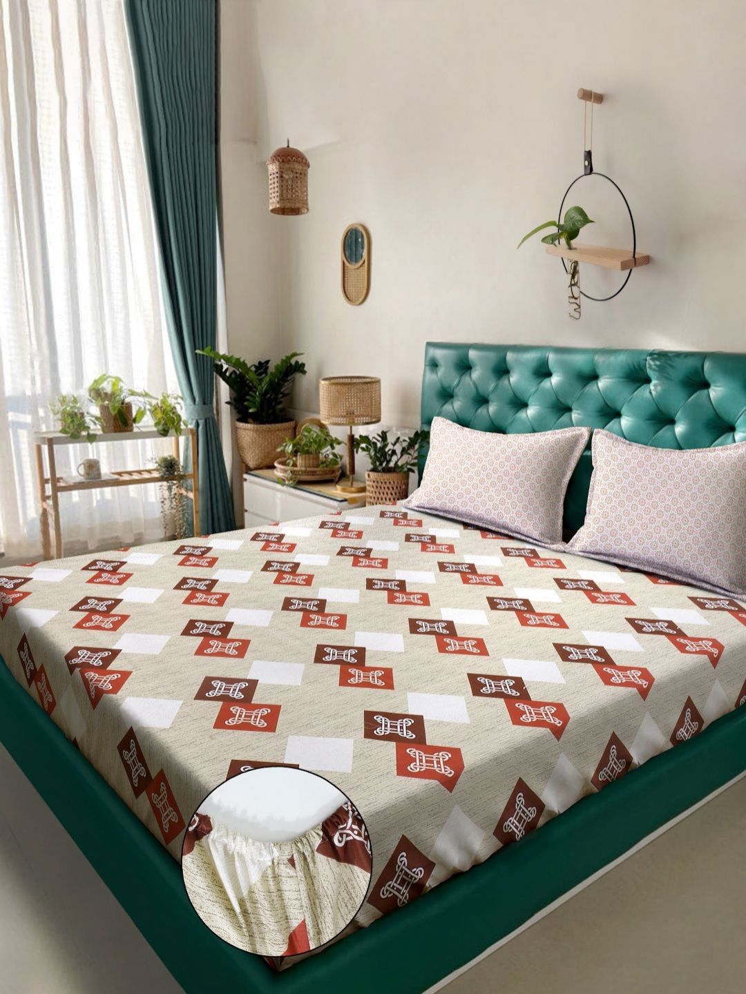 Myntra Elegant Homes Beige Geometric Pure Cotton 400TC Dilengkapi Set Cadar King-2.5mX2.25m