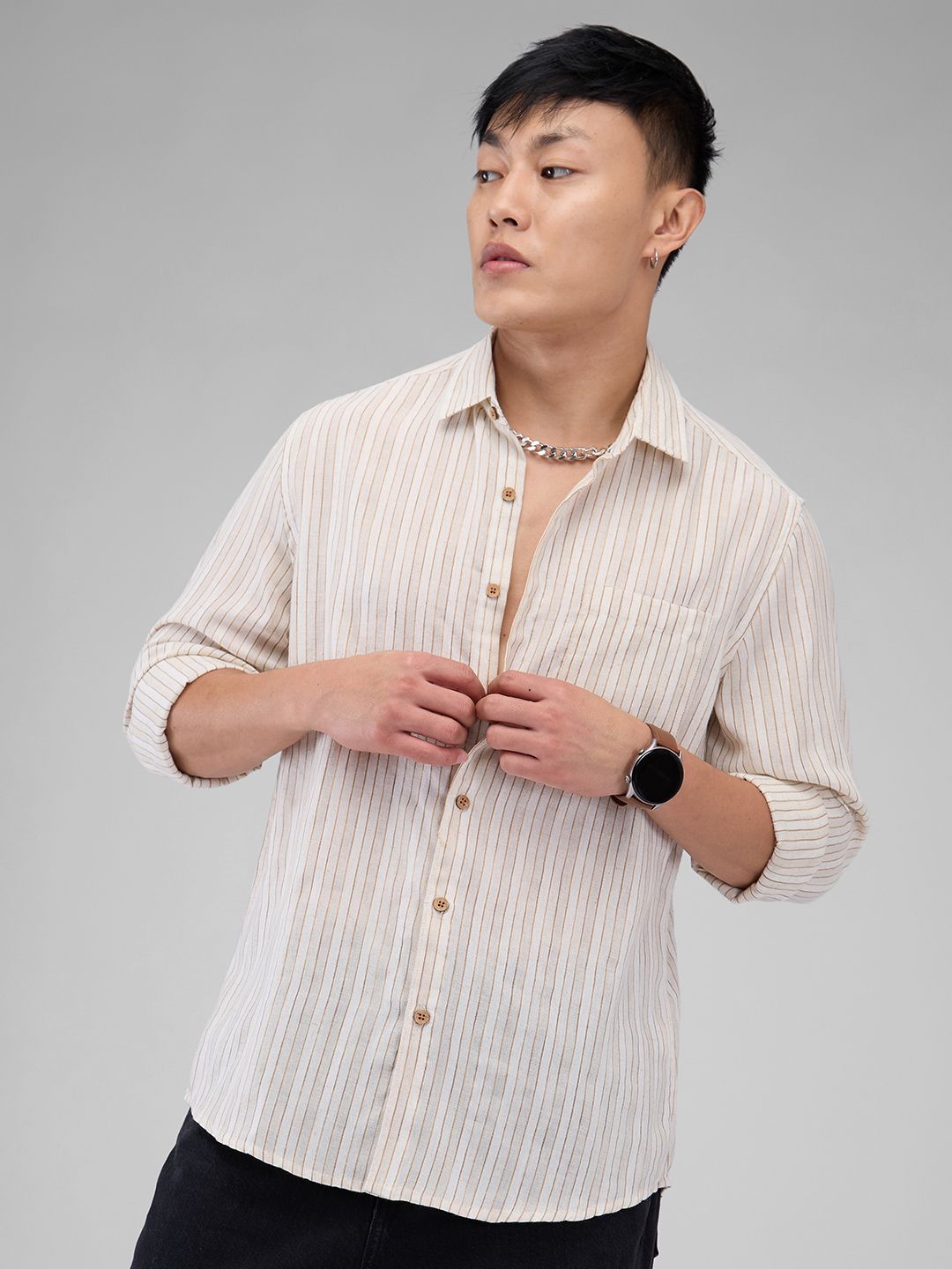 VASTRADO Men Classic Spread Collar Vertical Striped Cotton Slim Fit Casual Shirt