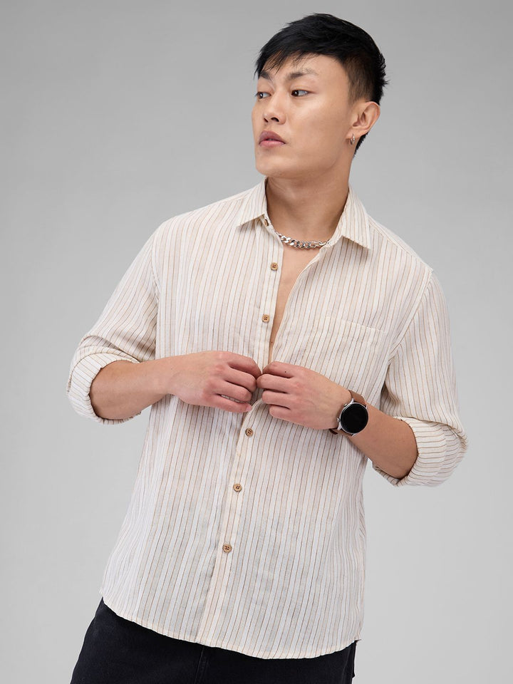 VASTRADO Men Classic Spread Collar Vertical Striped Cotton Slim Fit Casual Shirt