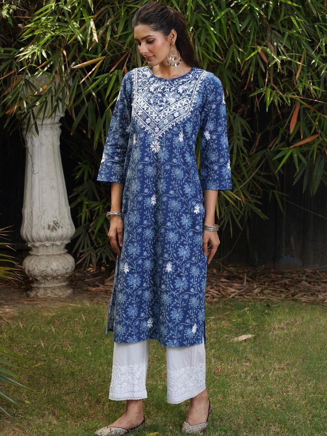 House of Chikankari Women Floral Printed Thread Work Indie Prints Kurta