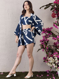 Berrylush Navy Blue Printed Sleeveless Top Shrug & Shorts