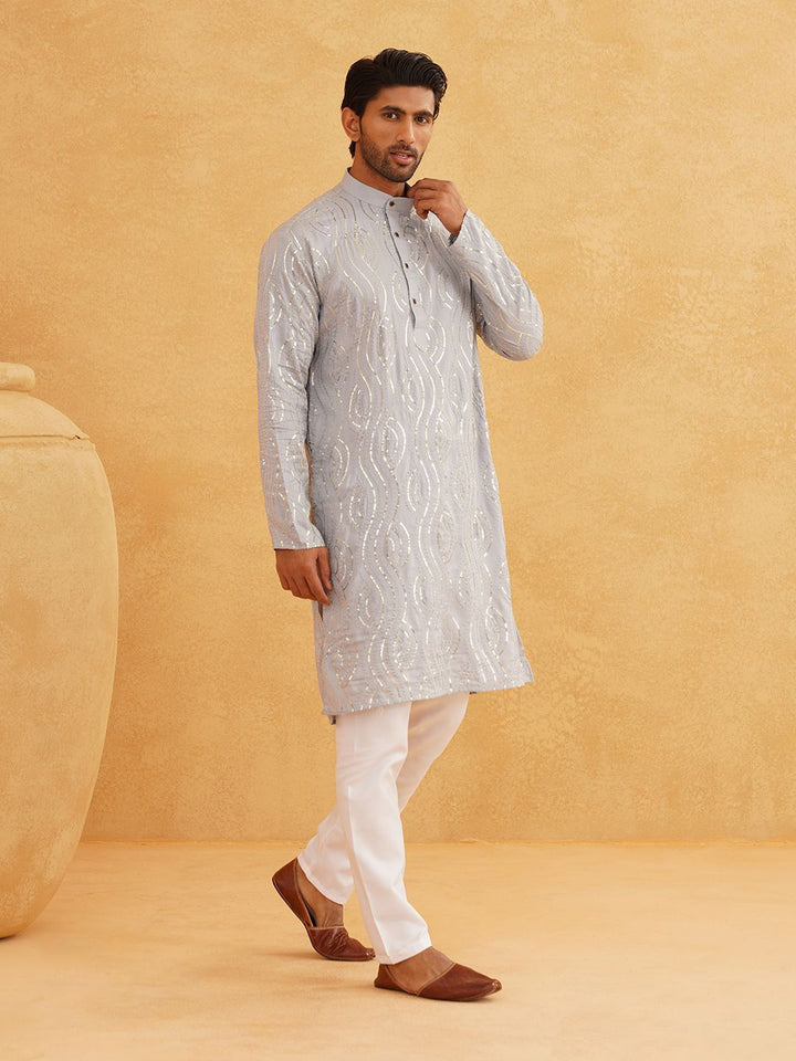 SOJANYA Woven Design Embroidered Sequinned  Band Collar Pure Cotton Kurta With Pyjama