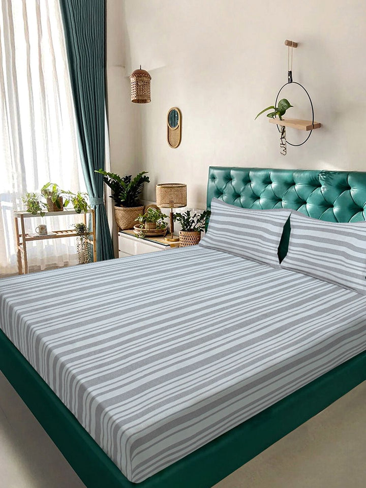 KLOTTHE Grey Polycotton Striped Dipasang 300 GSM Double Bedsheet