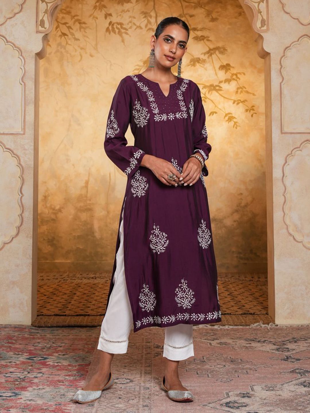 House of Chikankari Women Dark Purple Chanderi Chikankari Embroidered Kurta