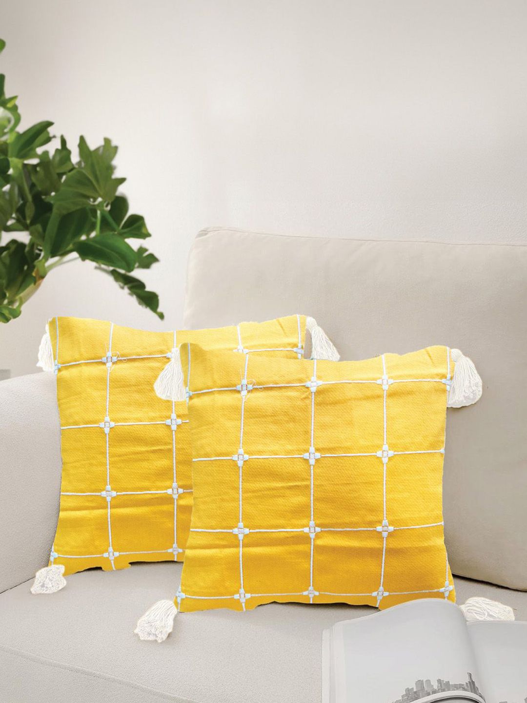URBAN SPACE Yellow & White 2 Pieces Embroidered Pure Cotton Square Cushion Covers