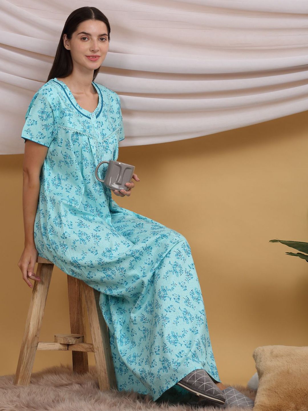 Sweet Dreams Printed Short Sleeves Maxi Nightdress