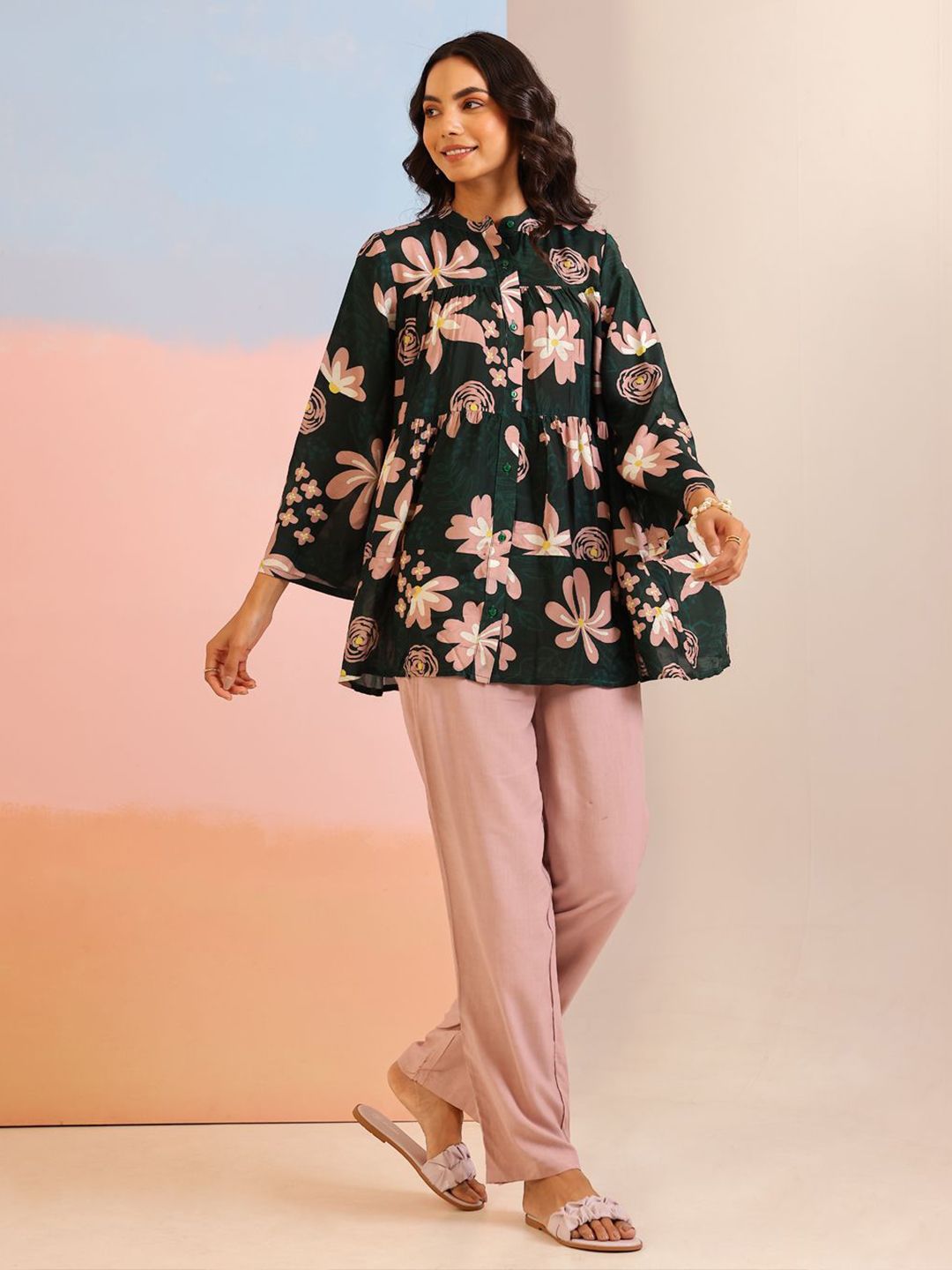 SANSKRUTIHOMES Women Green Mandarin Collar Silk Blend Printed Co-Ords Set
