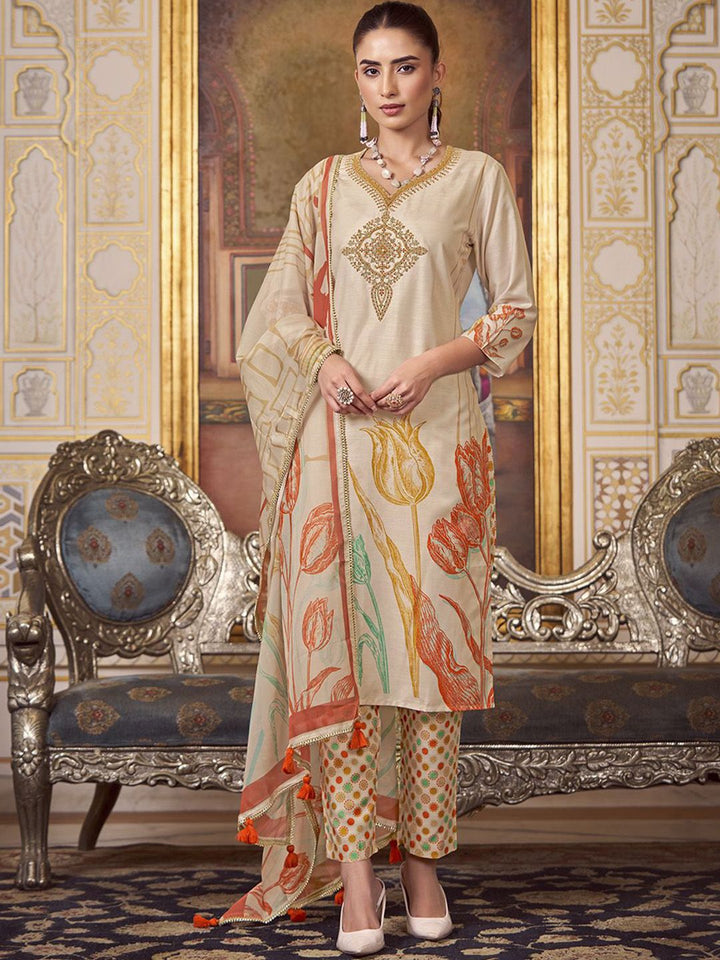 KALINI Floral Embroidered Thread Work Kurta with Trousers & Dupatta
