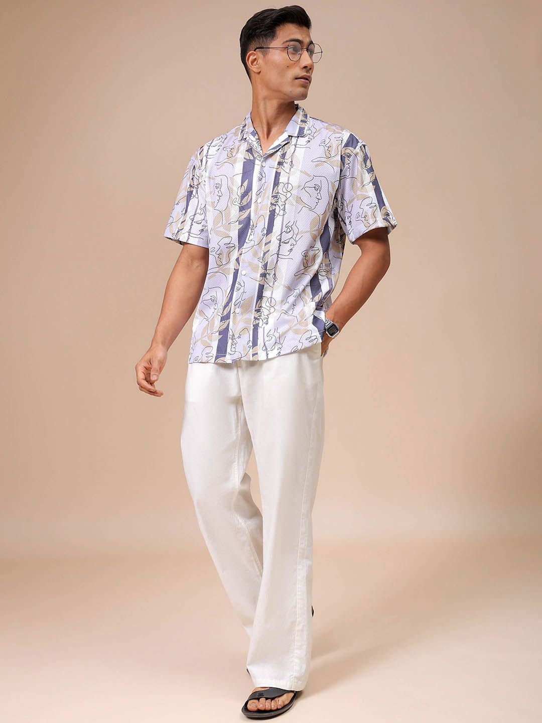 The Indian Garage Co Men Relaxed Fit Sketch Art  Printed Textured Resortwear Shirt