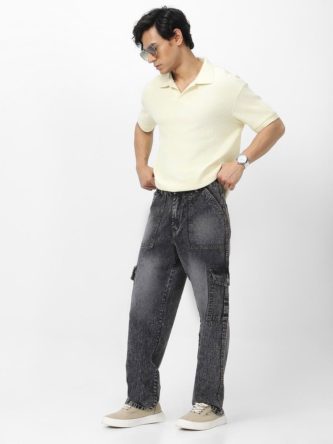 Urbano Fashion Men's Grey Loose Fit Cargo Jeans With 6 Pockets Non-Stretchable