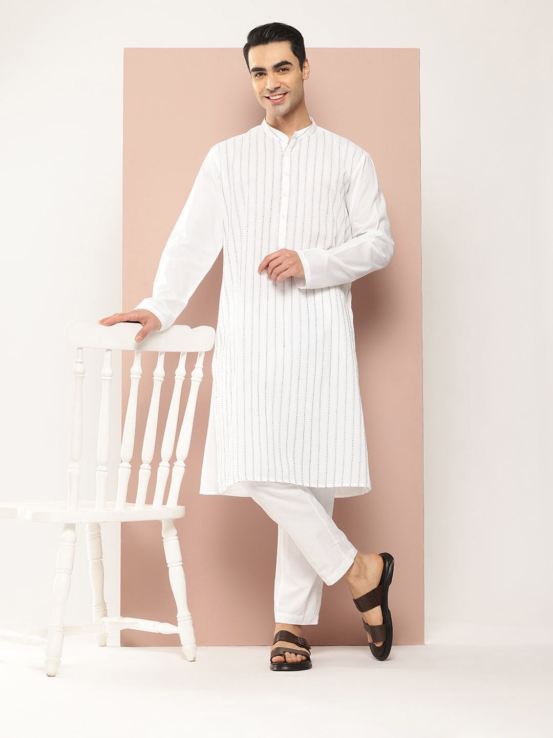 See Designs Mandarin Collar Striped Embroidered Kantha Work Pure Cotton Straight Kurta