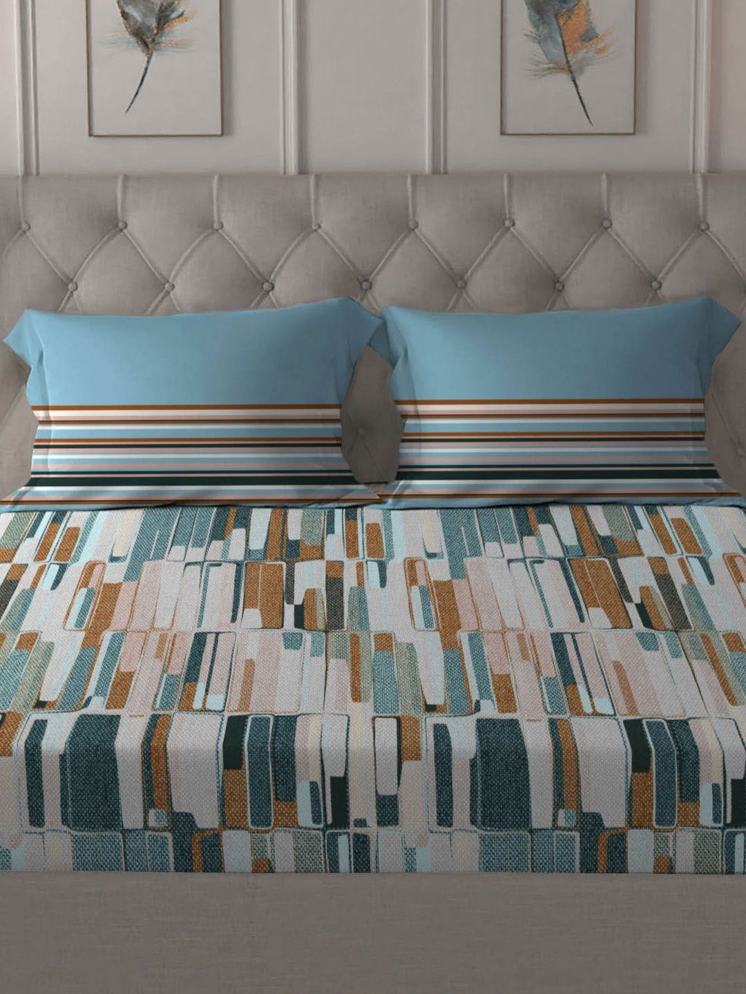 MYTRIDENT Crossroads Blue Dusk & Dawn Flat 144TC Queen Cotton Bedsheet Set