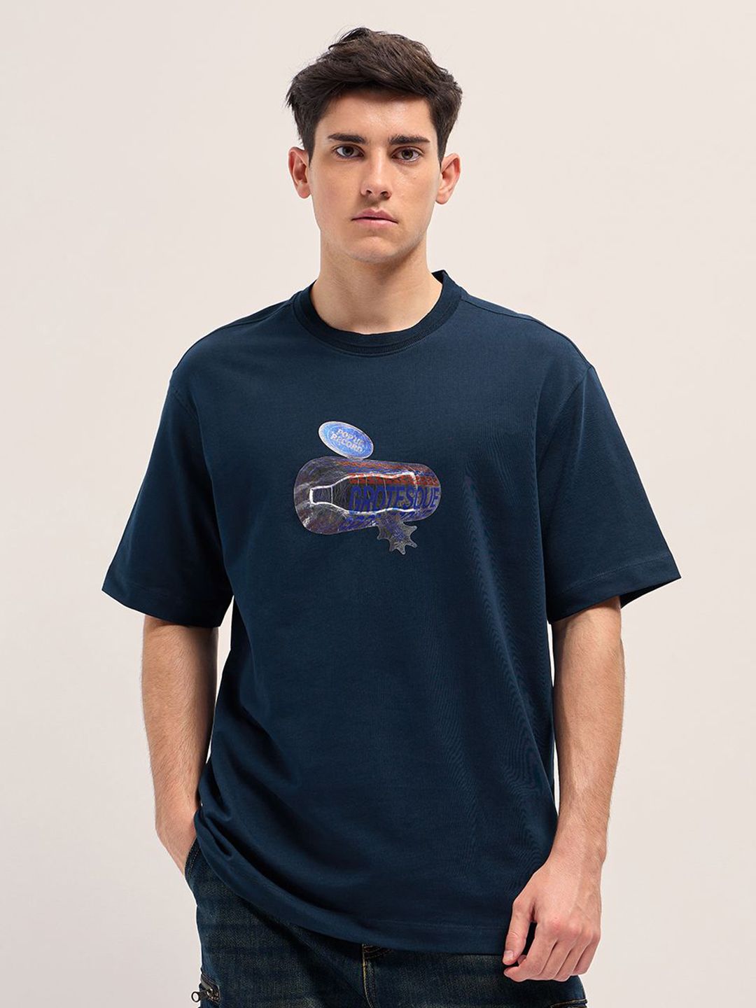 THE BEAR HOUSE Men Graphic Printed Round Neck Cotton Oversized T-shirt