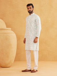 SOJANYA Geometric Embroidered Sequinned Mandarin Collar Pure Cotton Kurta With Churidar