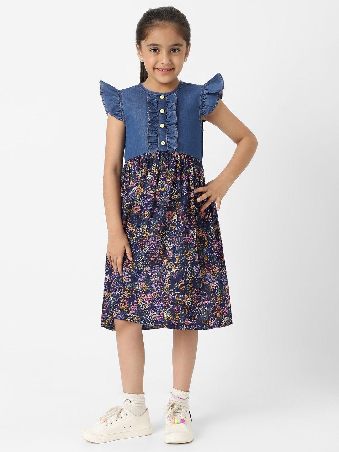Nauti Nati Girls Denim Floral Printed Flutter Sleeves Dress