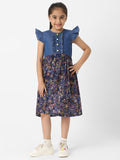 Nauti Nati Girls Denim Floral Printed Flutter Sleeves Dress