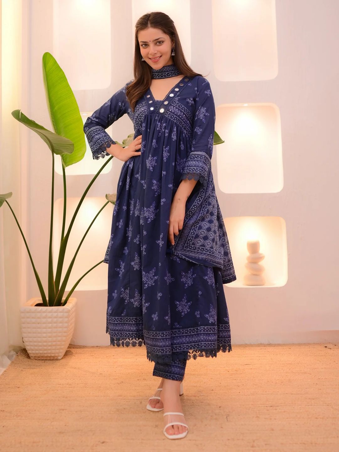 Kalini Floral Printed V-Neck Empire Anarkali Mirror Work Kurta With Trousers & Dupatta
