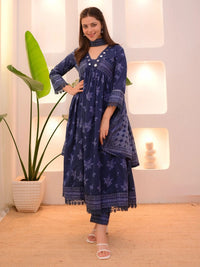 Kalini Floral Printed V-Neck Empire Anarkali Mirror Work Kurta With Trousers & Dupatta
