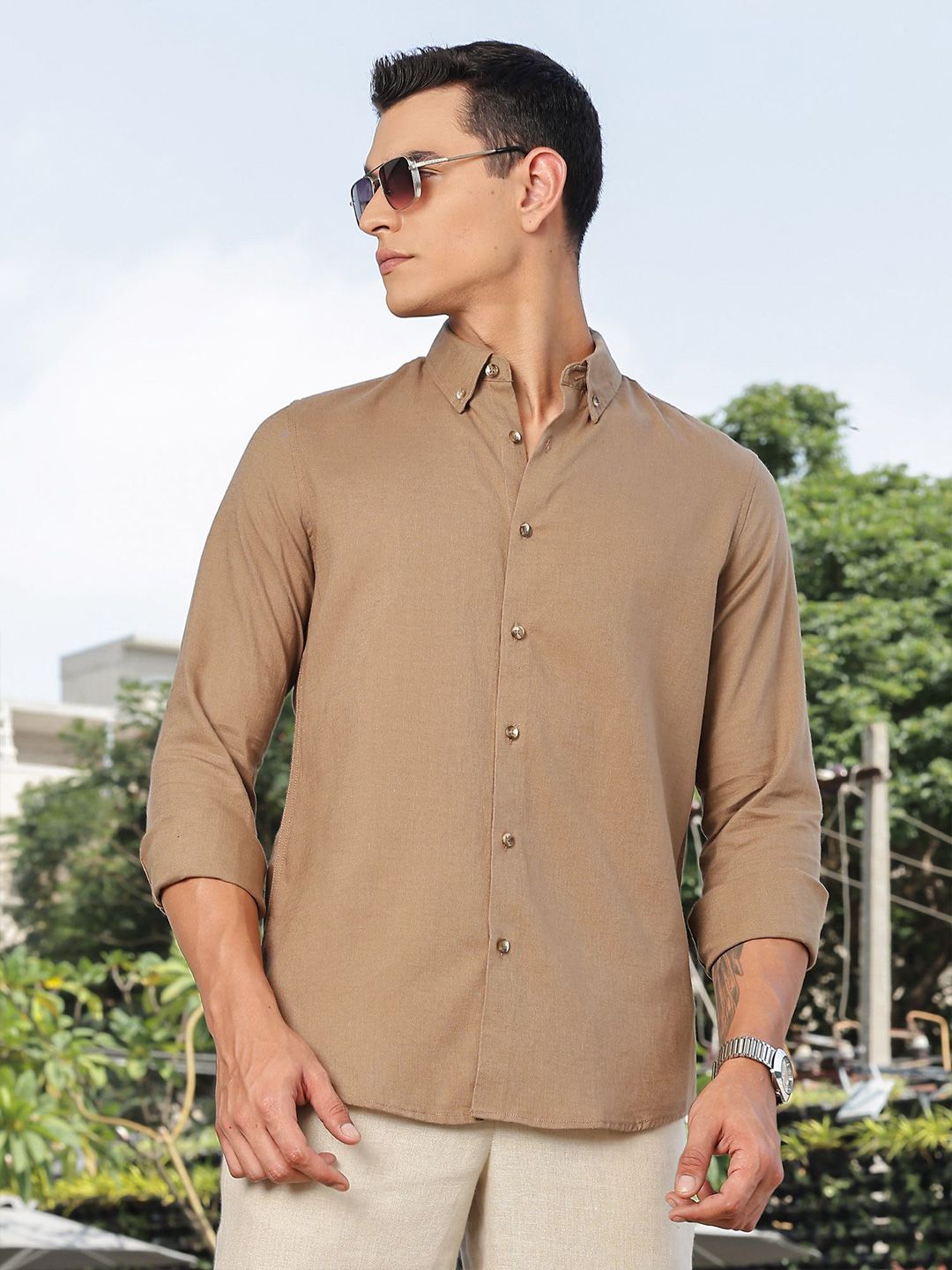 Thomas Scott Men Premium Slim Fit Solid Button-Down Collar Casual Shirt