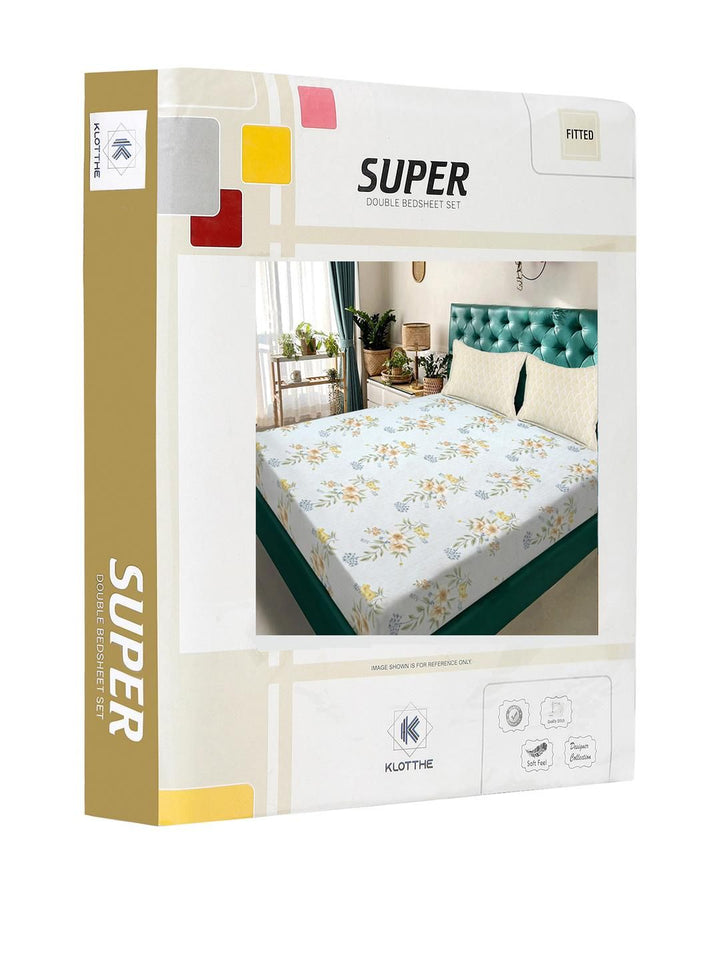 KLOTTHE White & Beige Floral Print Polycotton Dilengkapi 300 TC Cadar & 2 Sarung Bantal