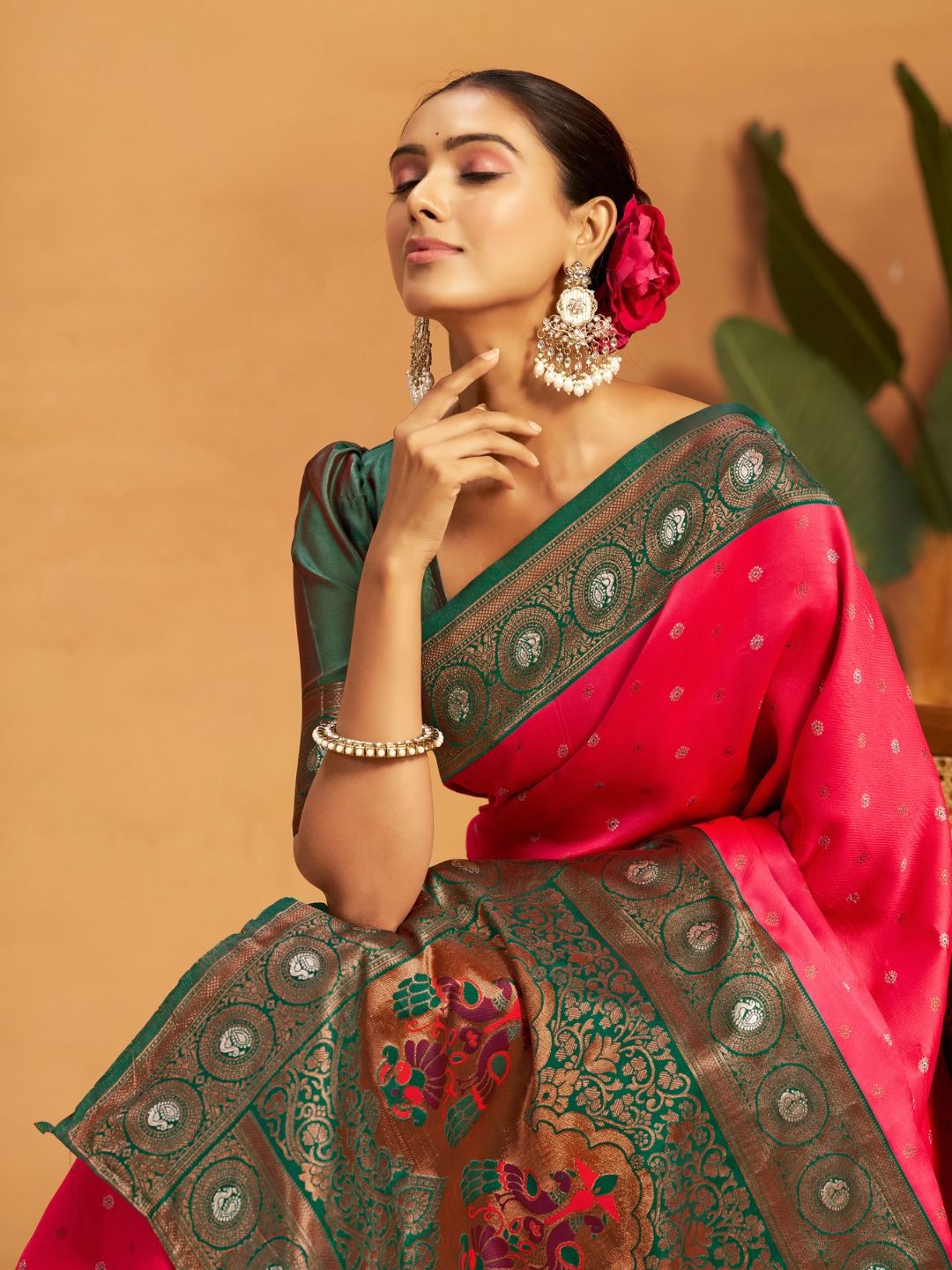 Kalini Silk Blend Woven Paithani Saree with Blouse Piece