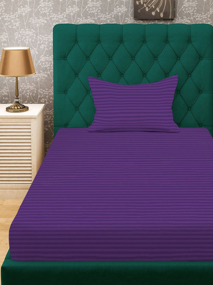KLOTTHE Purple Striped 300 TC Single Bedsheet With 1 Pillow Covers