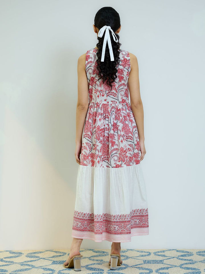 Rustorange Women Peach Red Sanganeri Printed Cotton Tier Dress