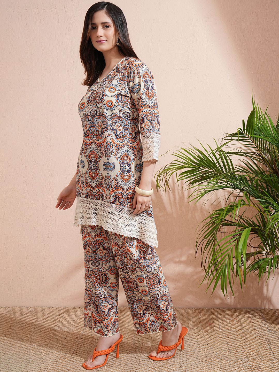 Vishudh Yellow Printed V-Neck Three-Quarter Sleeves Pure Cotton Top With Trouser