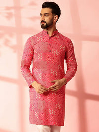 Anouk Floral Printed Band Collar Cotton Linen Straight Kurta