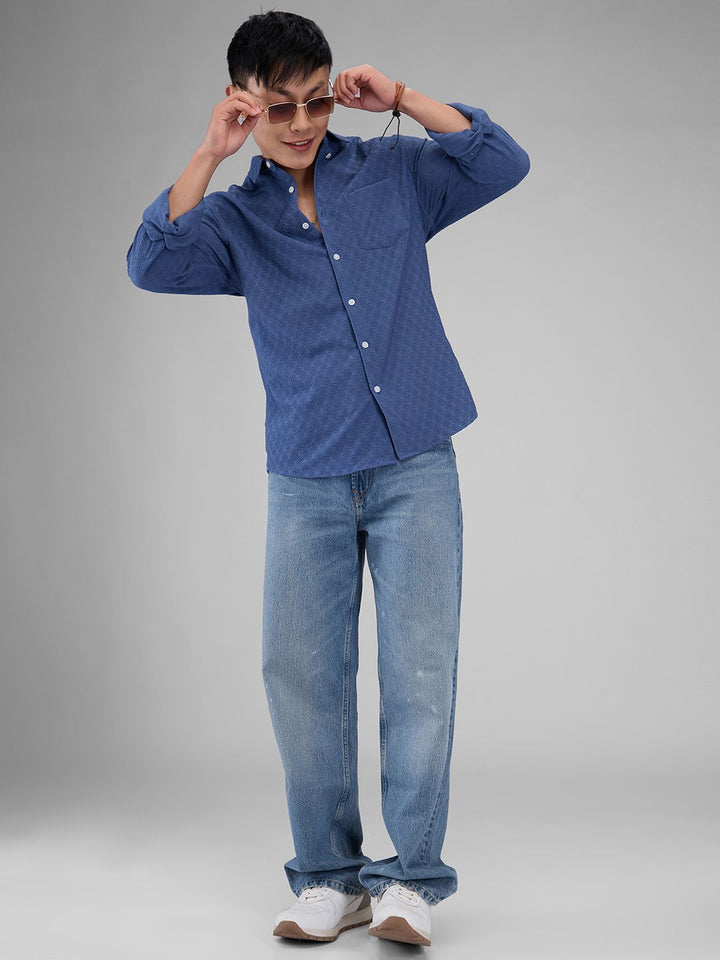 VASTRADO Men Classic Spread Collar Textured Solid Slim Fit Casual Shirt
