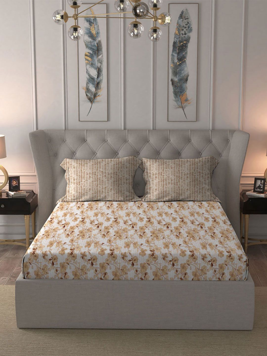 MYTRIDENT Celebration Off White Printed Pure Cotton 144 TC Queen Bedsheet Set 2.28 m x 2.54 m