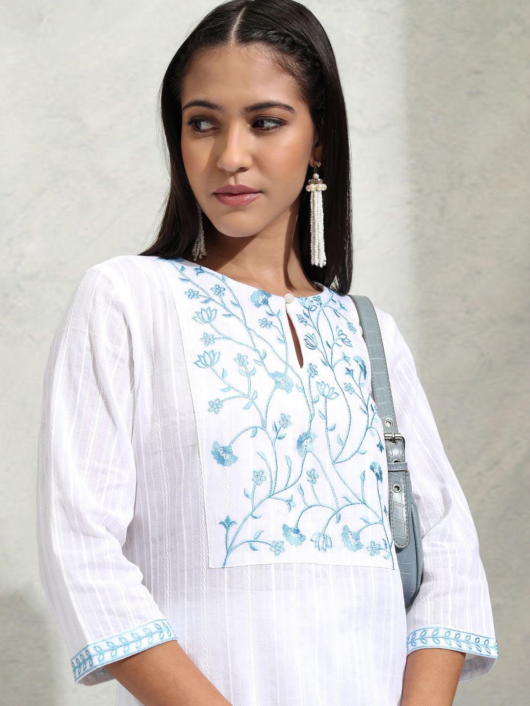Vishudh Floral Embroidered Keyhole Neck Cotton Straight Kurta