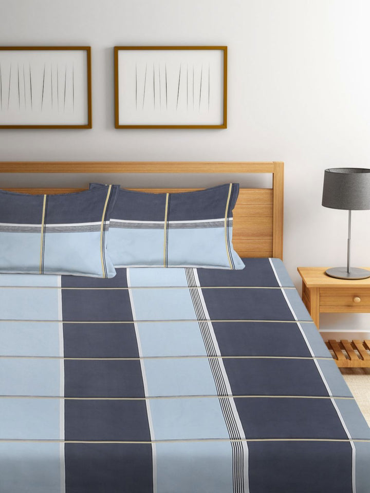 Myntra Elegant Homes Blue & Grey Checked Printed 300 TC King Bedsheet Set 2.50 x 2.20 m