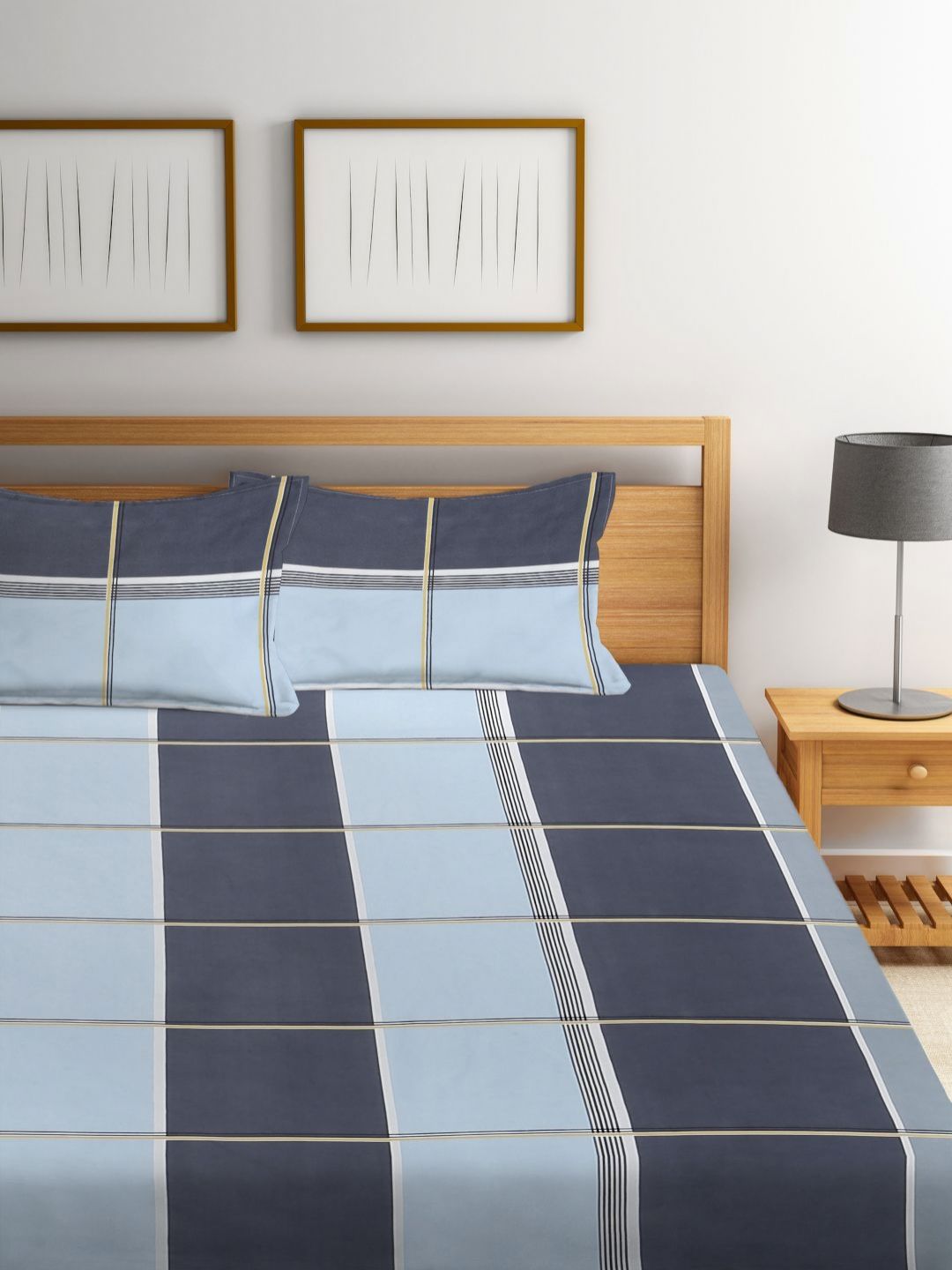 Myntra Elegant Homes Blue & Grey Checked Printed 300 TC King Bedsheet Set 2.50 x 2.20 m