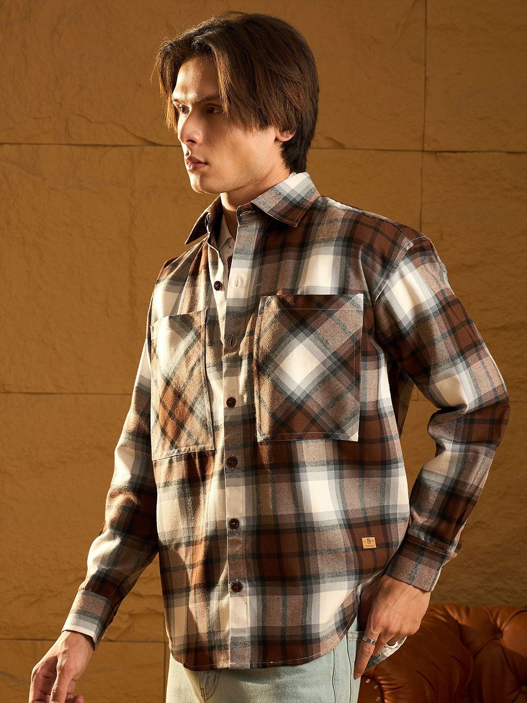 DENNISON Men Double Pocket Drop Shoulder Oversized Cotton Checked Shacket