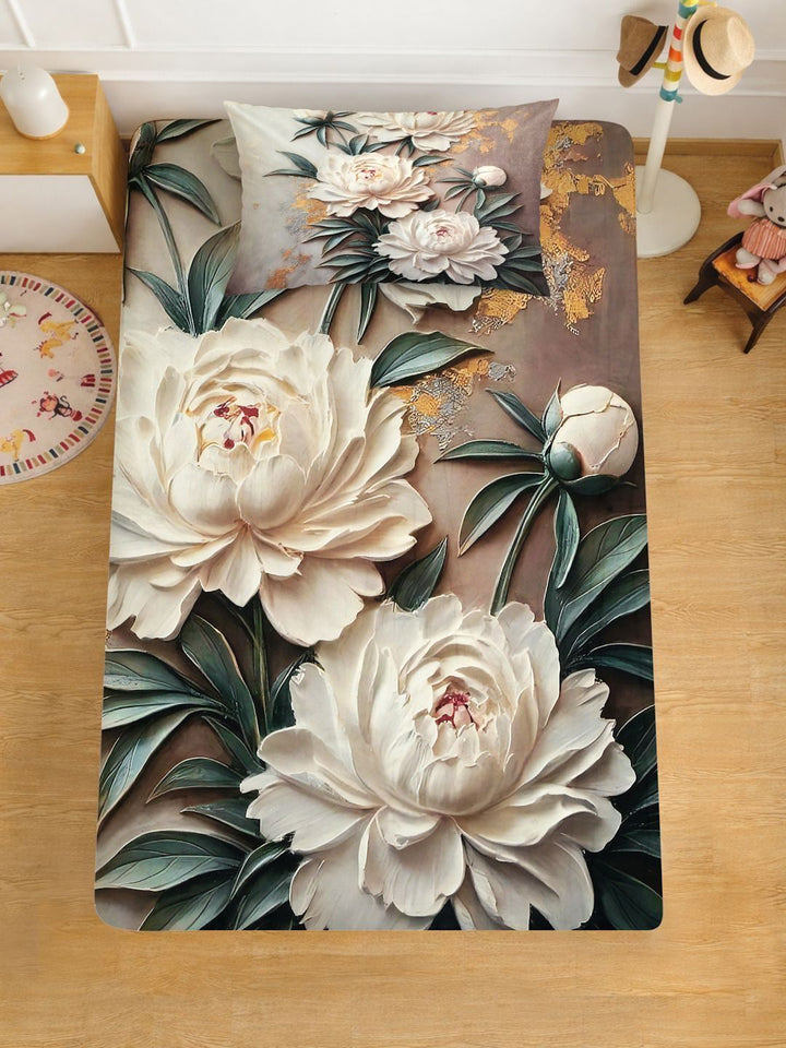KLOTTHE Coklat & Putih Floral Dilengkapi Cadar 7D Single 400 TC dengan 1 Sarung Bantal