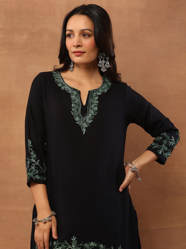 House of Chikankari Women Black Woolen Aari Sulam Kurta